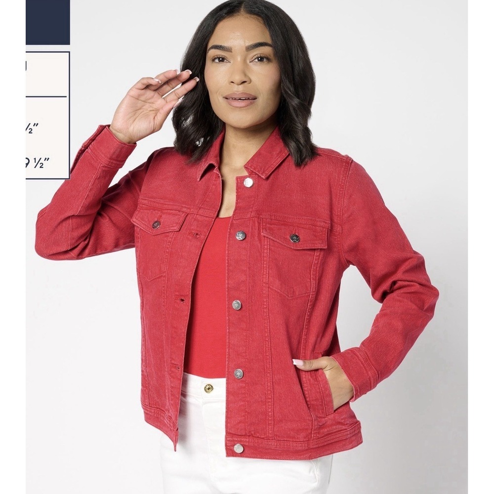 Denim & Co. Indigo Classic Stretch Denim Jacket w/ Star Buttons. Red. XL  NEW